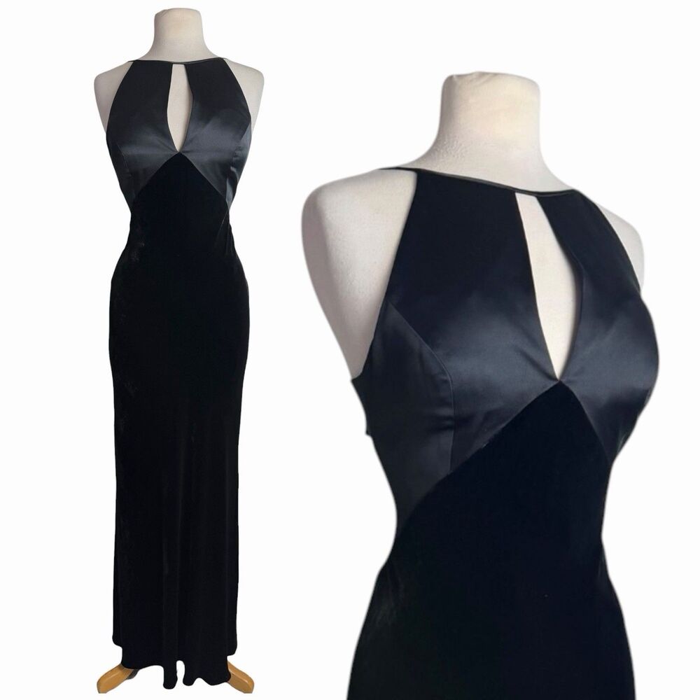 VTG Melinda Eng Black Silk Velvet Goth Glam Maxi Formal Gown Dress Vampy XS